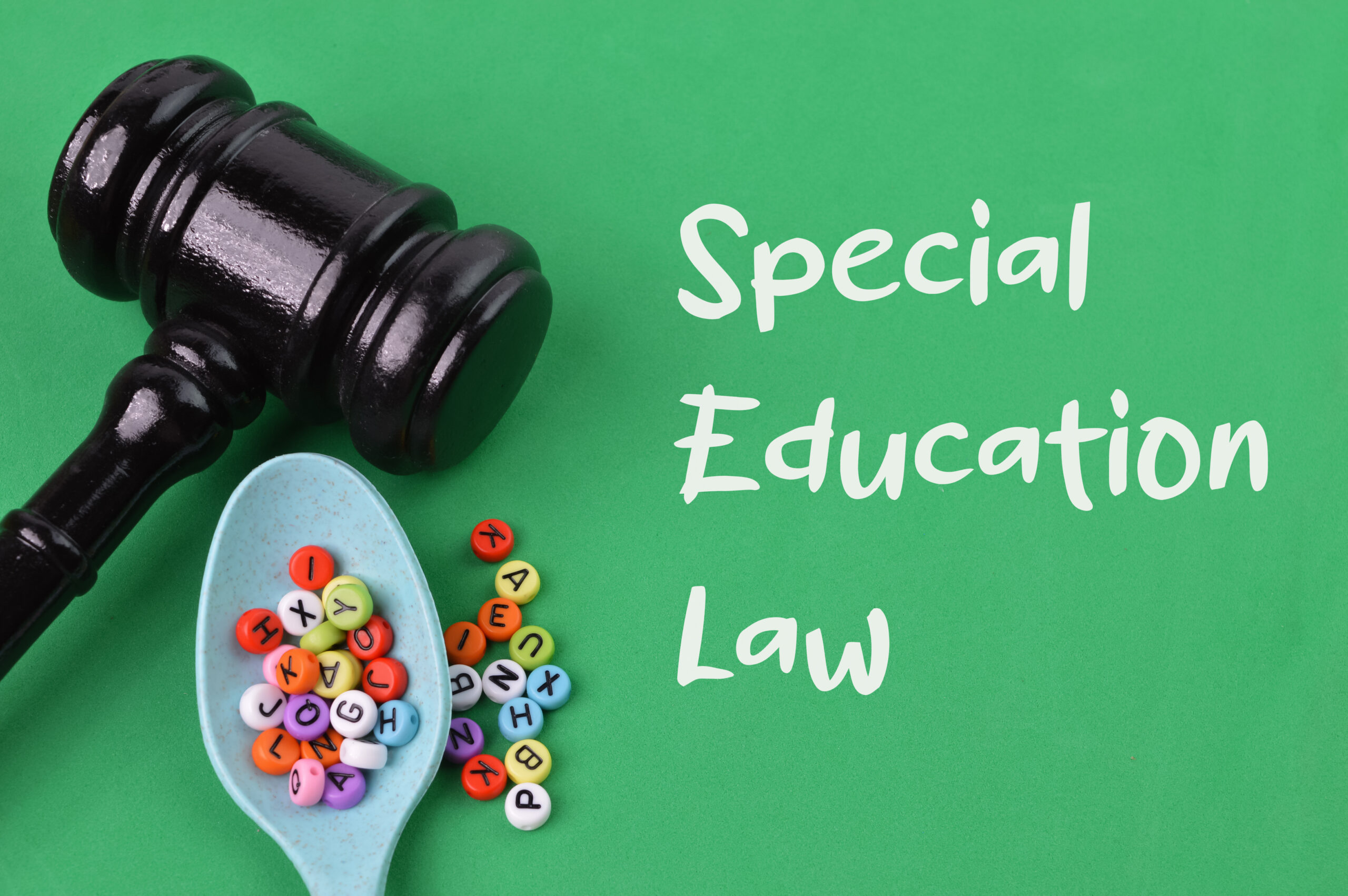 Gavel beside colorful alphabet beads and text reading “Special Education Law.”